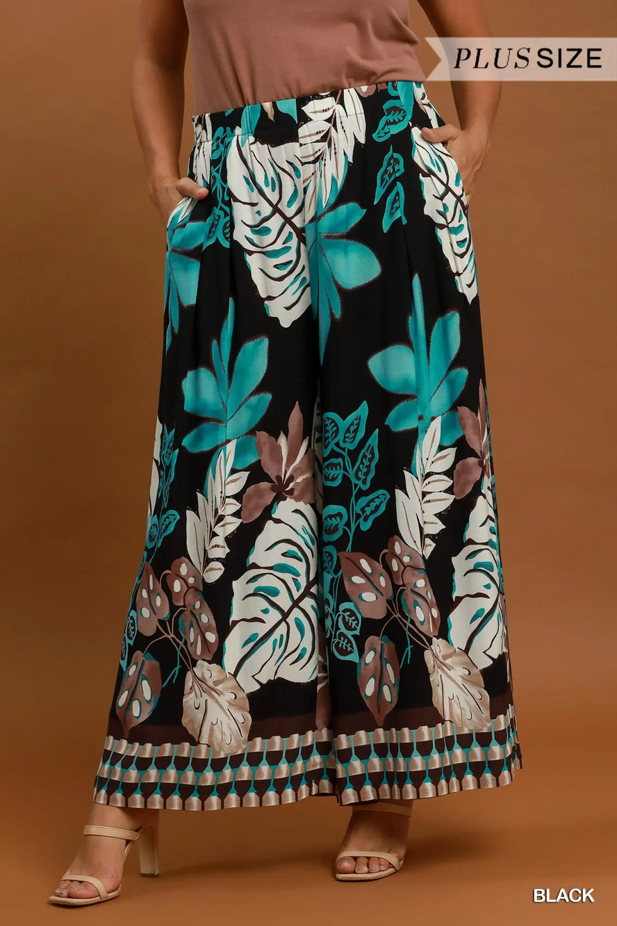 WC6750 Black | Umgee Tropical Print Wide Leg Palazzo Pants | Plus Sizes XL-2XL